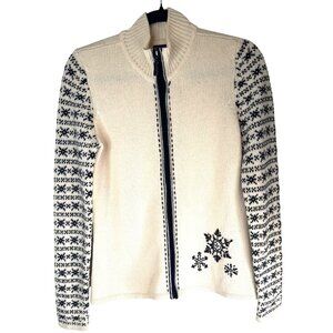 Skyr Womens Small Beige & Black Snowflake Lambs Wool Full-Zip Sweater